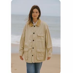 Vintage 90s Cream Coastal Oversized Baggy Fisherman Barn Jacket Work Coat Medium